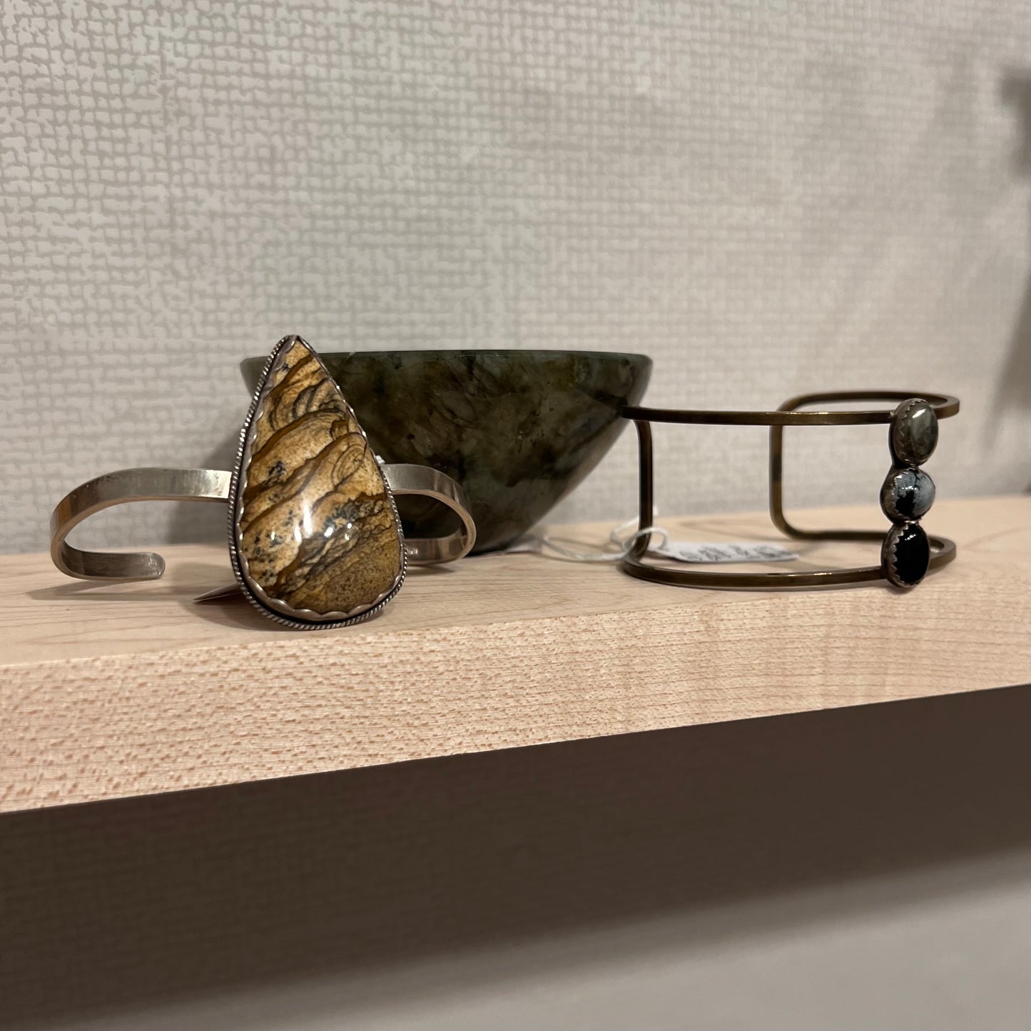 Stone Cooper Wide brass cuff with trio of stones