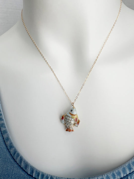 Stone Cooper Cloisonne fish charm necklace