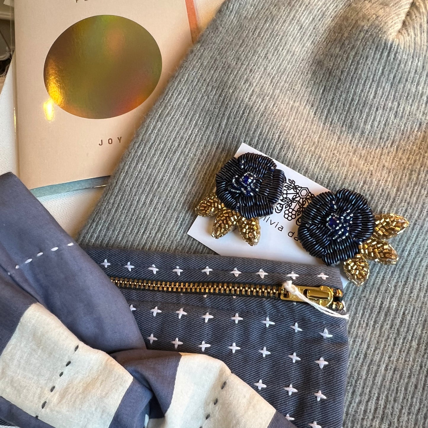 Olivia Dar Beaded Rose Earring pair - Navy