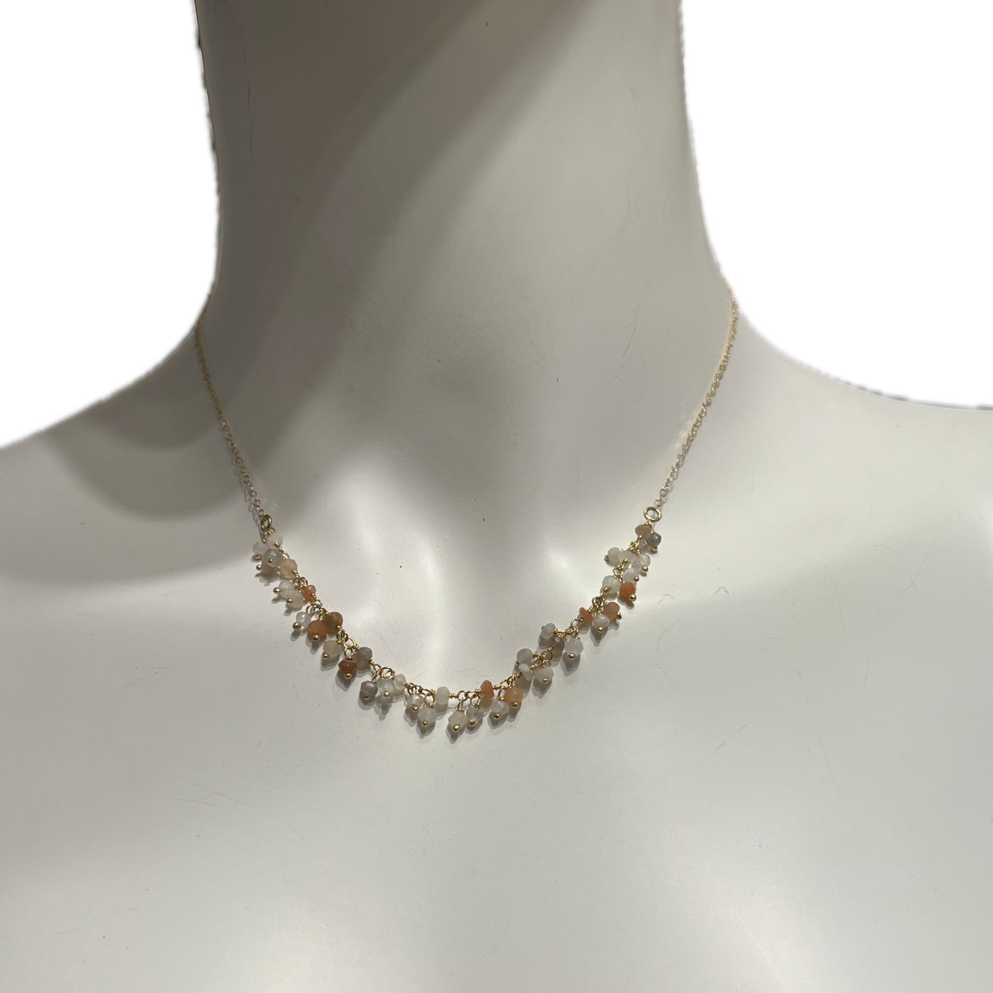 Necklace with Moonstone Droplet beads front view on mannequin