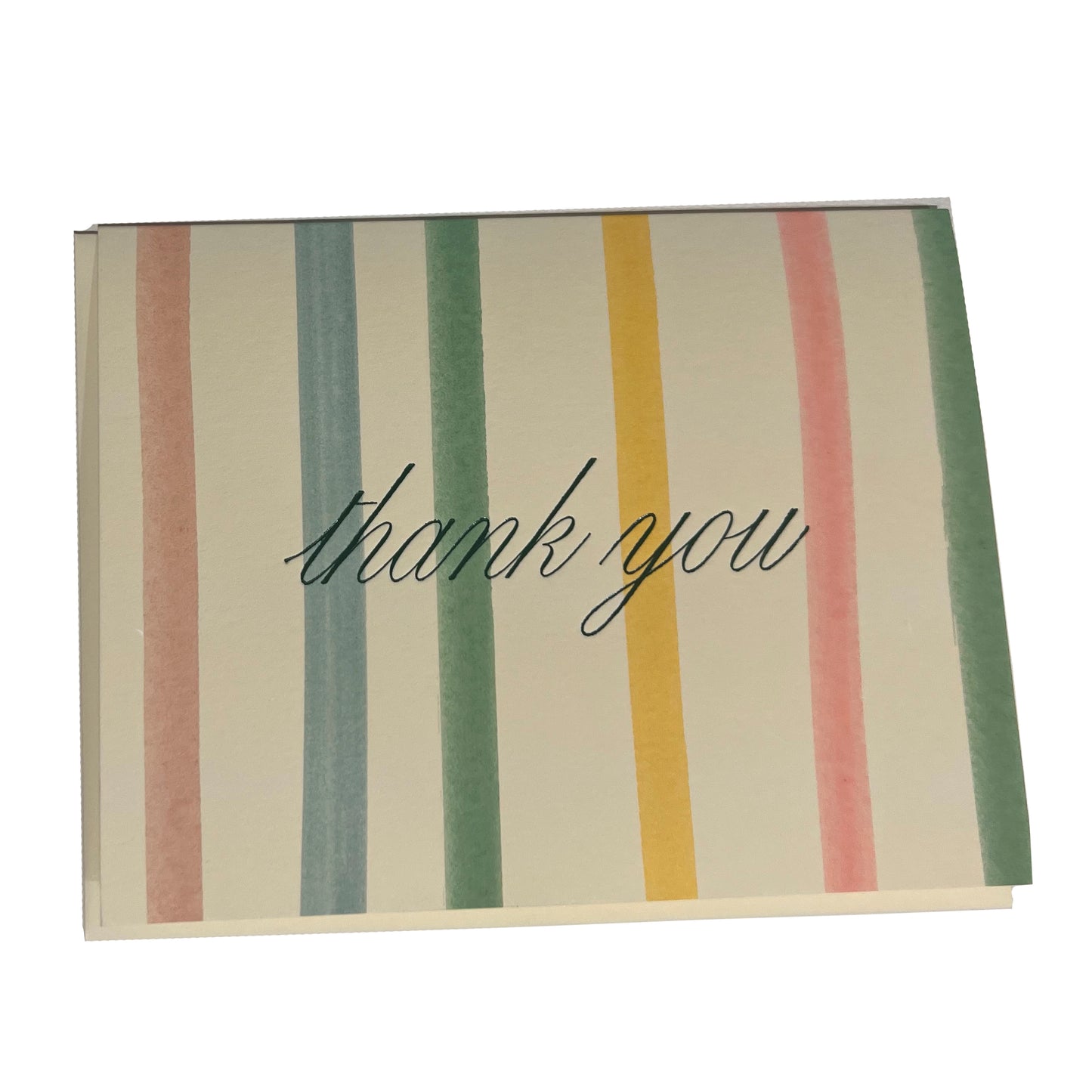 Colorful Stripe card with script 'thank you' foil text on a light background with off white envelope.
