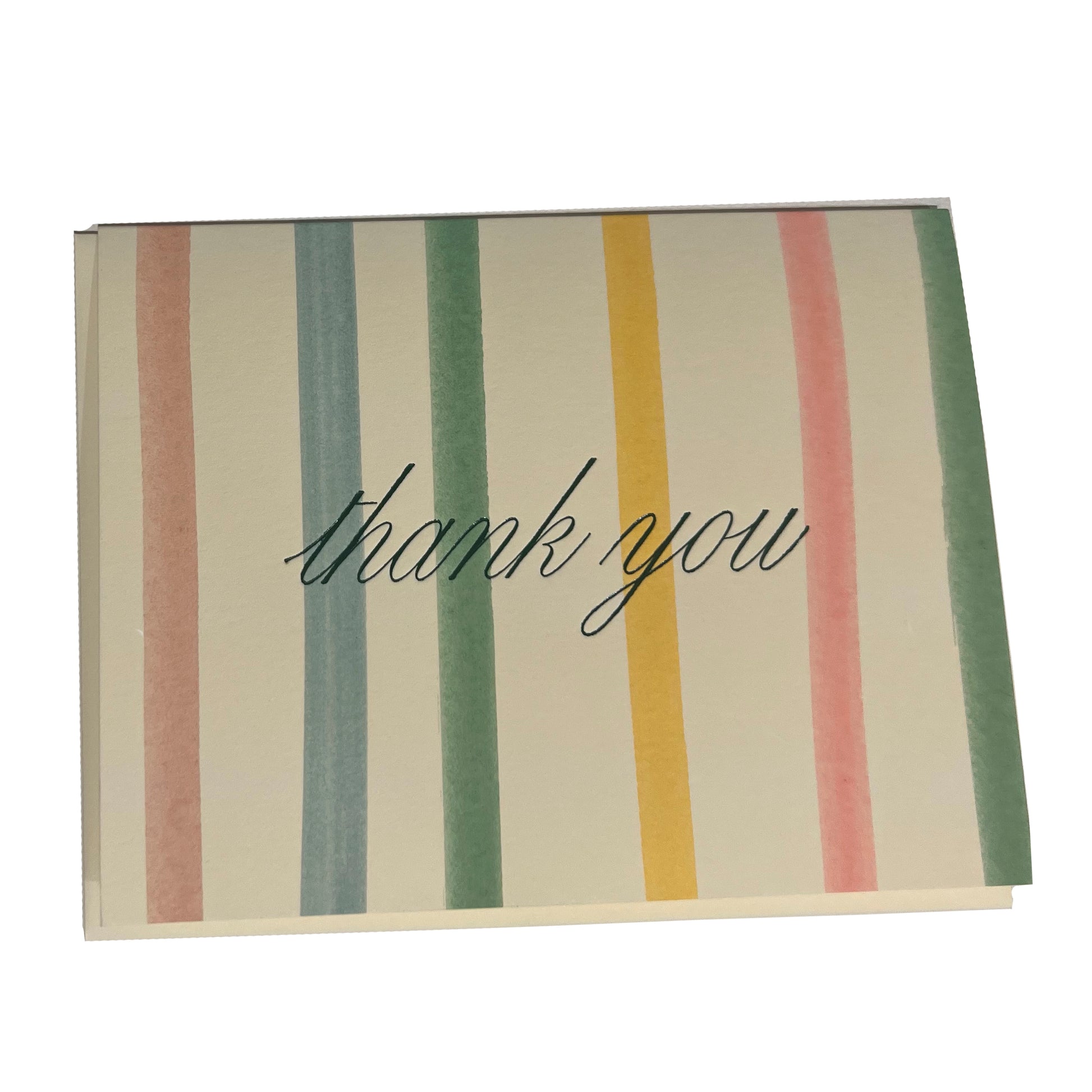 Colorful Stripe card with script 'thank you' foil text on a light background with off white envelope.
