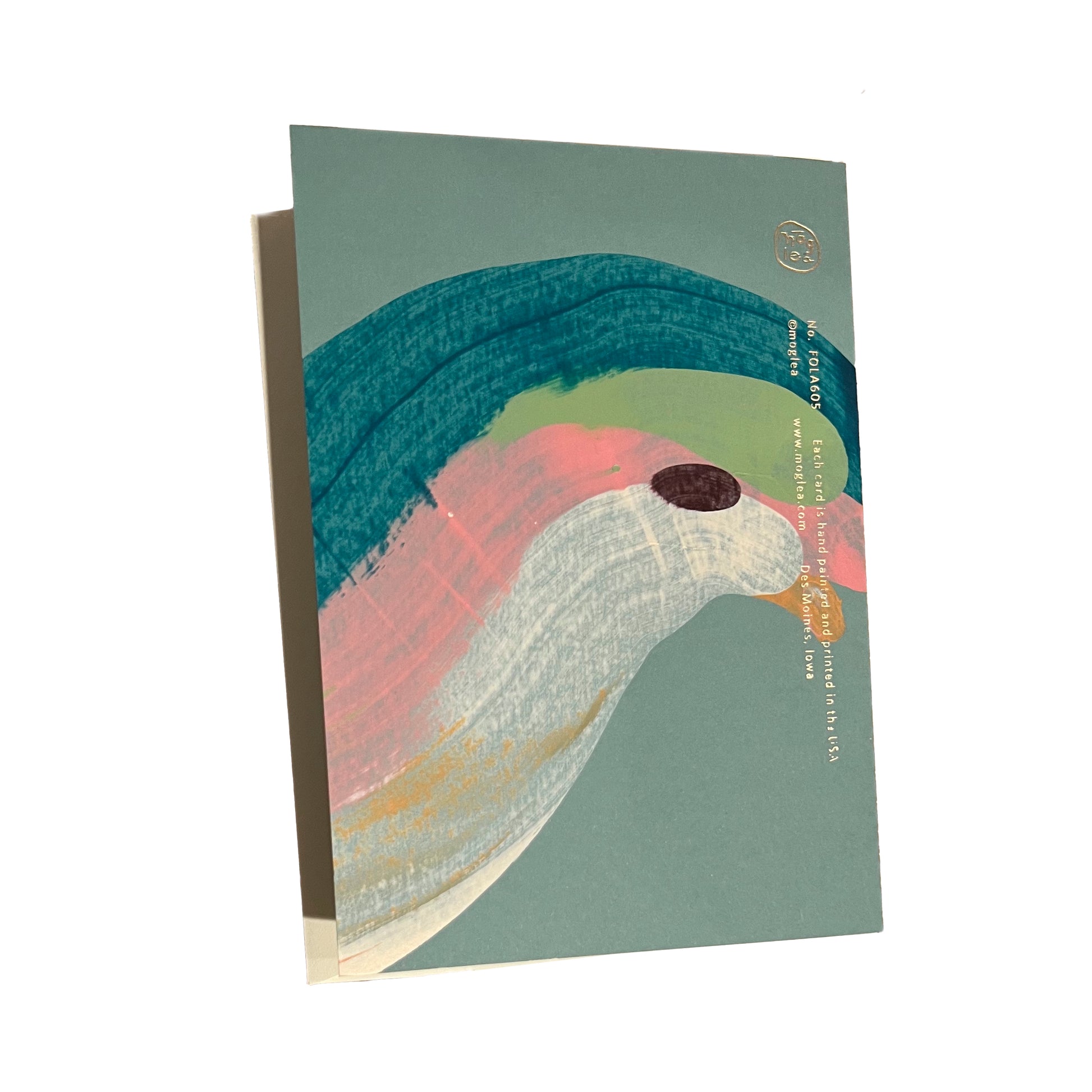 Moglea "sending you a big hug "card
Hand painted multicolor brush strokes folded card with color foil wording. Each card has a unique abstract design and color. Paired with an off white envelope.
FOLA605 big hug.