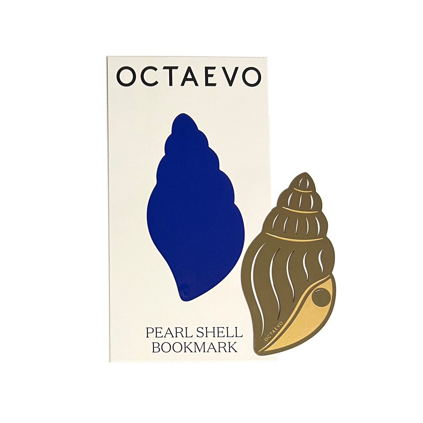 Octaevo Bookmark Pearl shell bookmark  positioned next to the paper mount  with blue print on a off white paper background, featuring the brand 'Octaevo'.