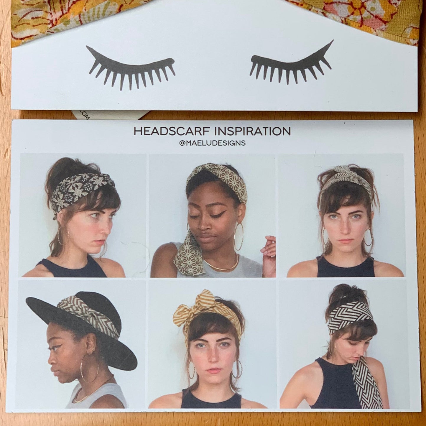Maelu Designs Headscarf postcard of images showing six ways to wrap the scarf