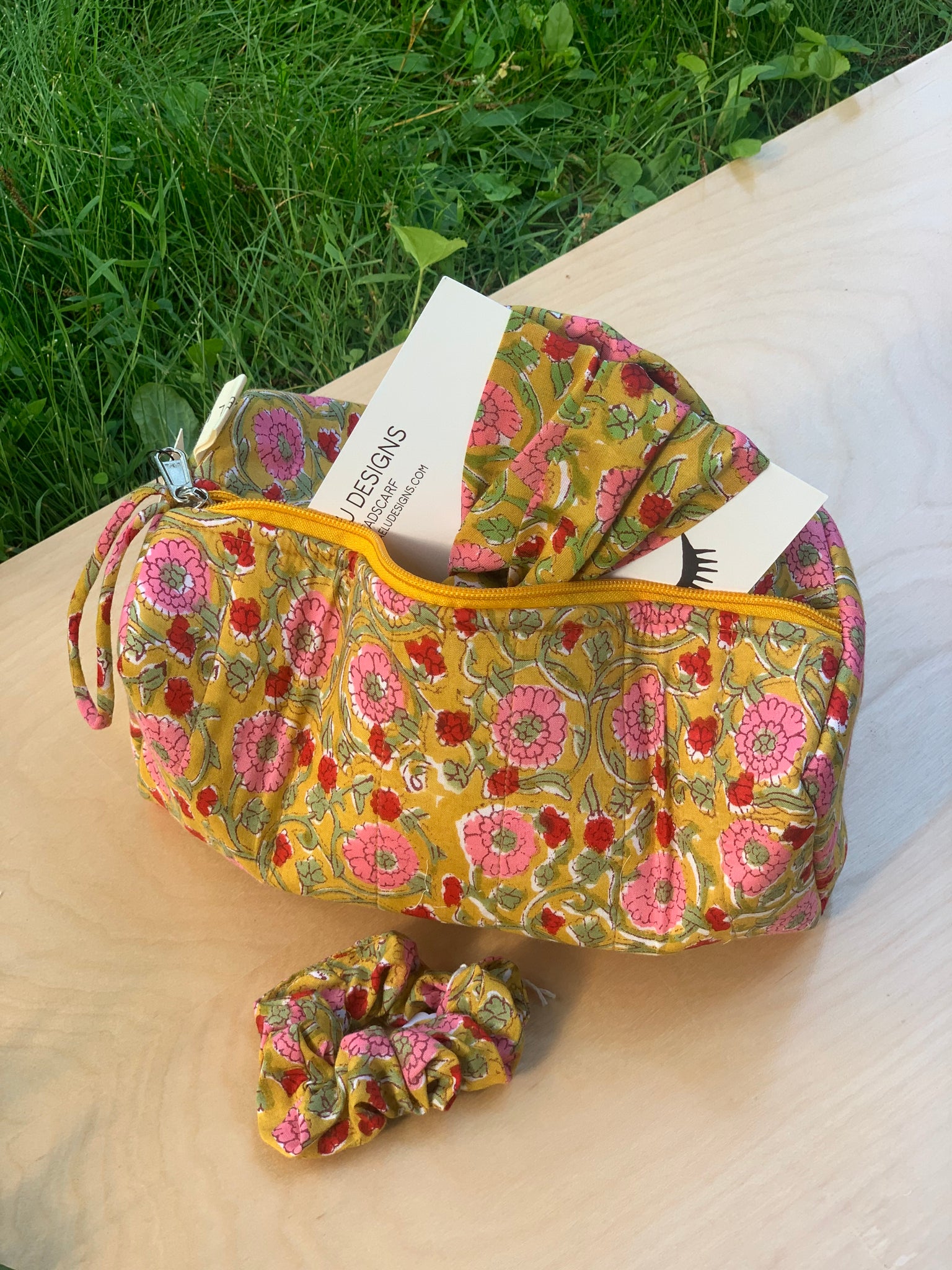 Maelu Designs Makeup bag in Marisol print coordinating with Headscarf and Scrunchie