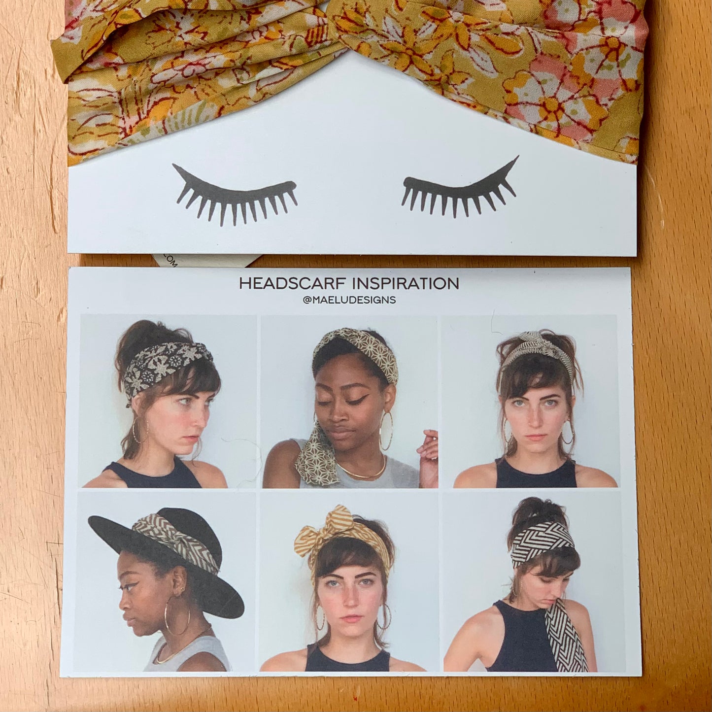 Maelu Designs Headscarf postcard of images showing six ways to wrap the scarf